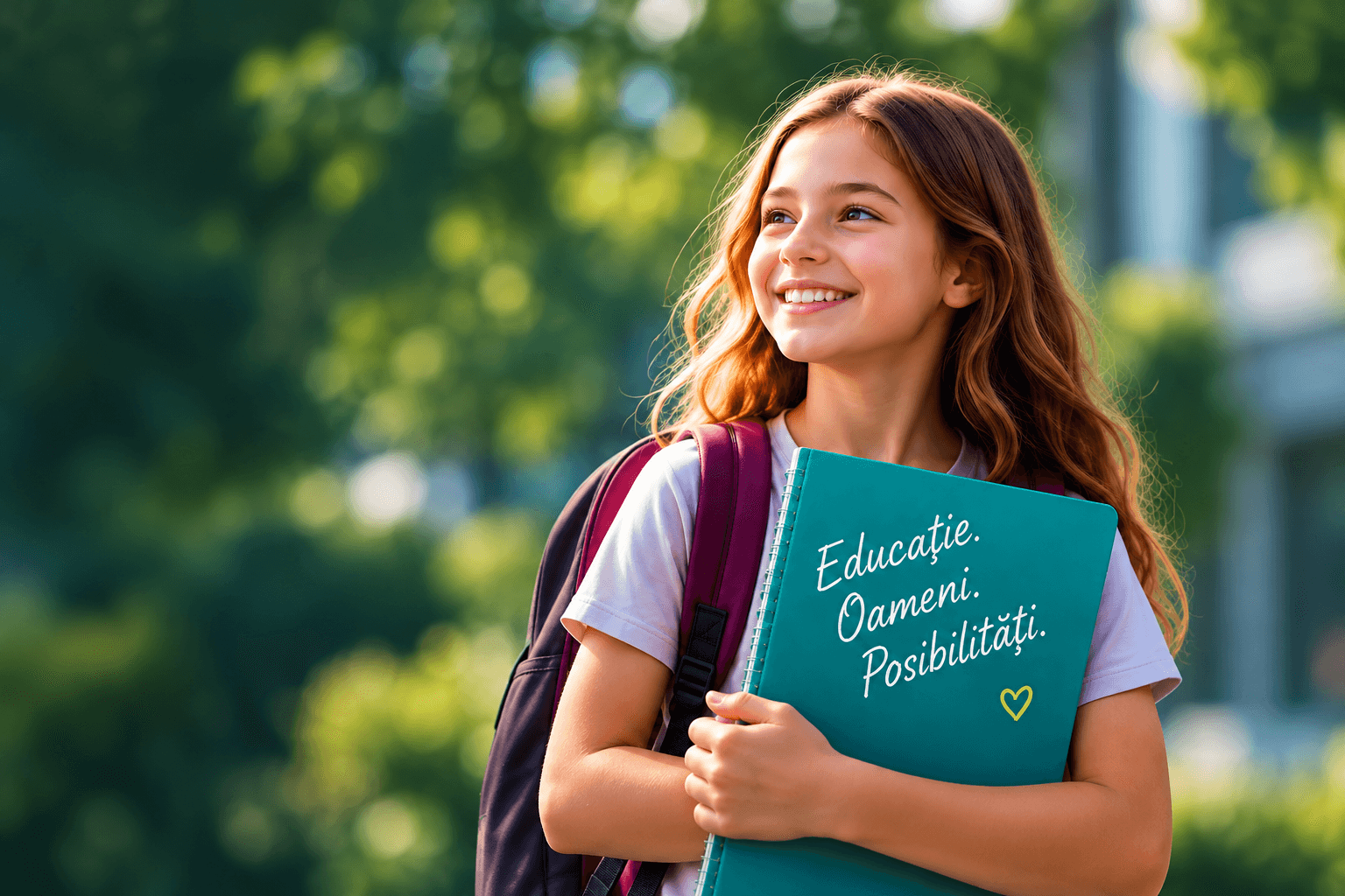 Elevă zâmbitoare OVVINEX School cu ghiozdan și caiet pentru educație modernă